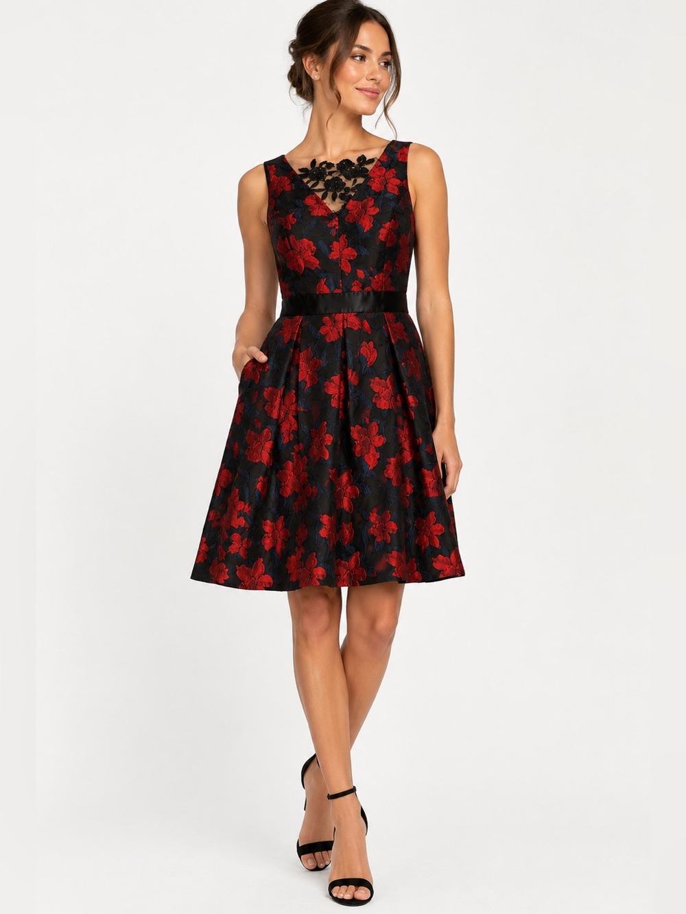 Shelby Nites Black Red Floral Jacquard Fit & Flare Cocktail Dress Size 8 (vtg)